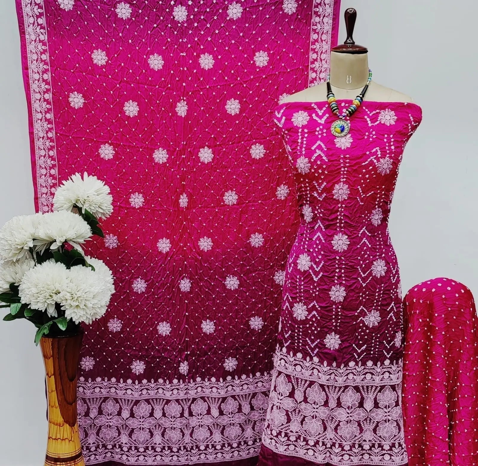 Modal Silk Lakhnavi Thread Work Bandhani Dress Material