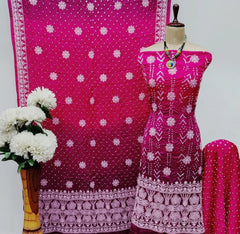Modal Silk Lakhnavi Thread Work Bandhani Dress Material