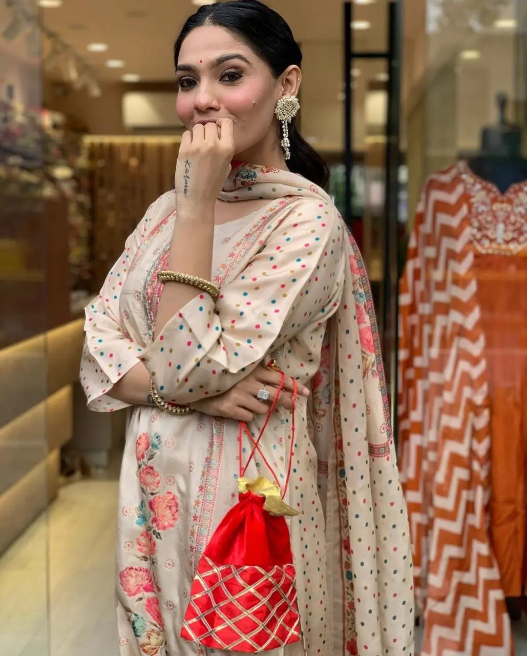 Multicolor Polkadot with Digital Print work Ready to Wear 3 Pc Kurti Pant Dupatta Set (Stitched)