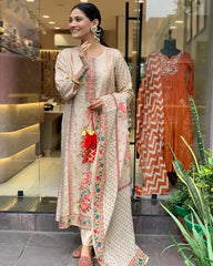 Multicolor Polkadot with Digital Print work Ready to Wear 3 Pc Kurti Pant Dupatta Set (Stitched)