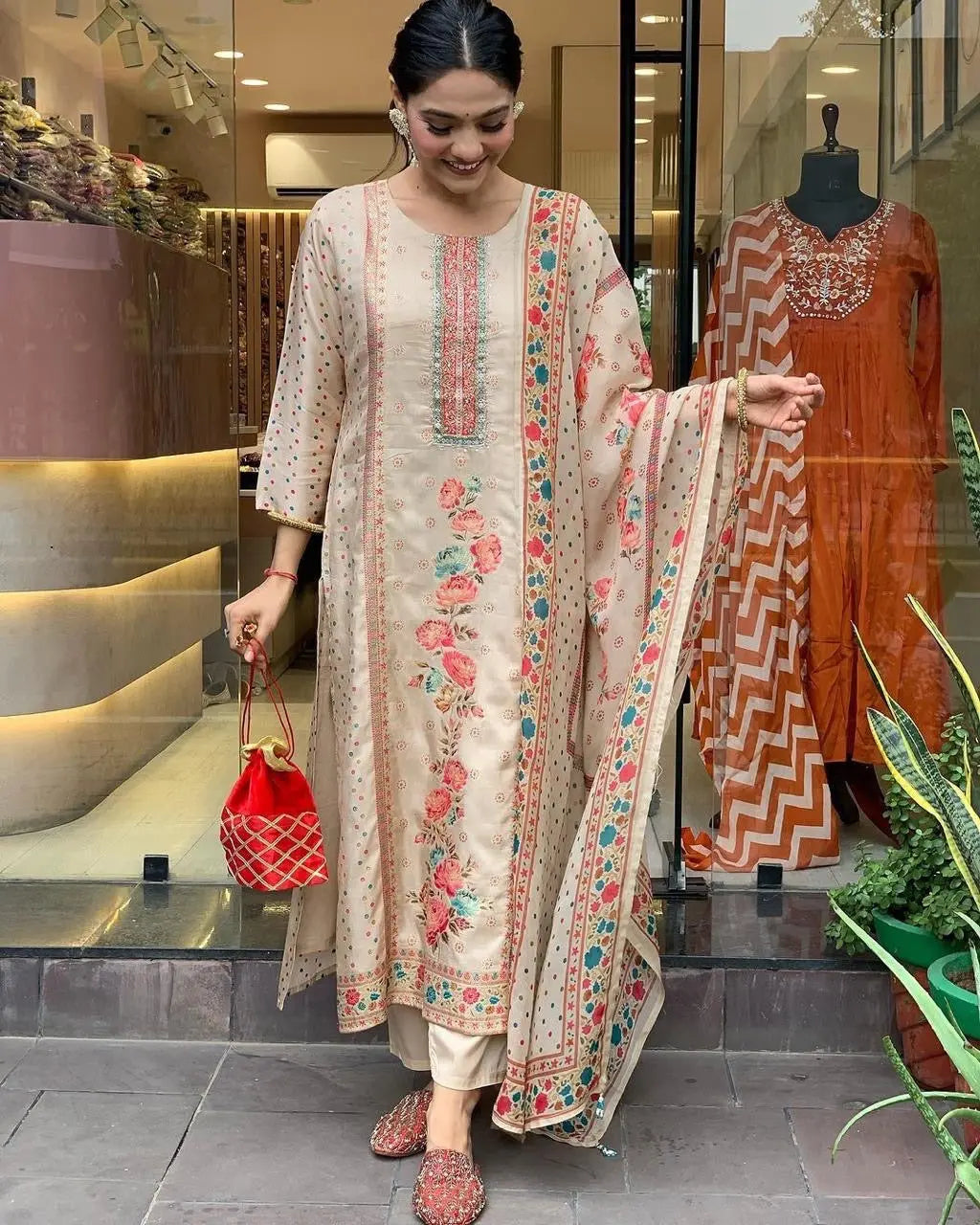 Multicolor Polkadot with Digital Print work Ready to Wear 3 Pc Kurti Pant Dupatta Set (Stitched)