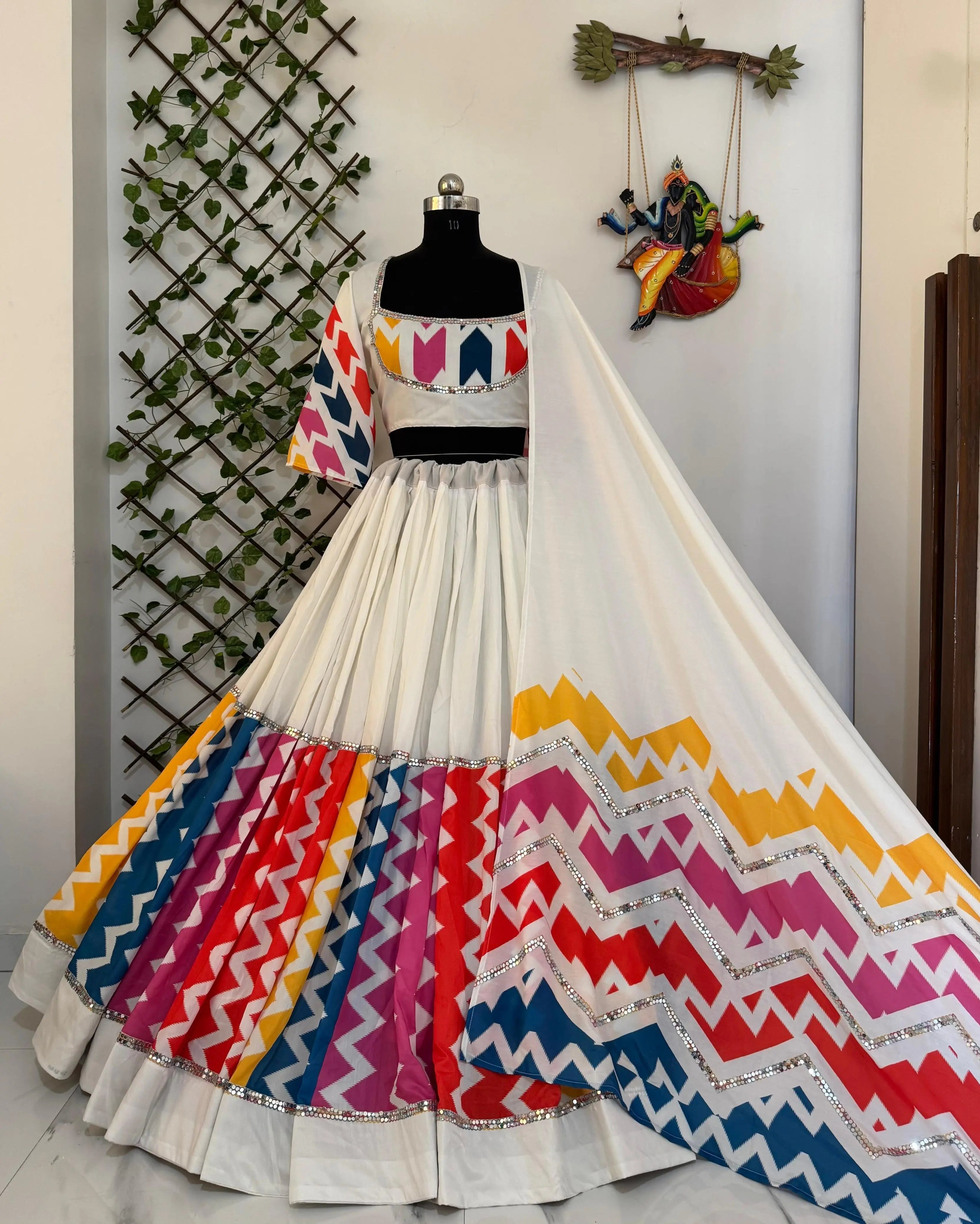 Muslin Cotton Mirror Work White Concept Multicolor Navratri Special Chaniya Choli