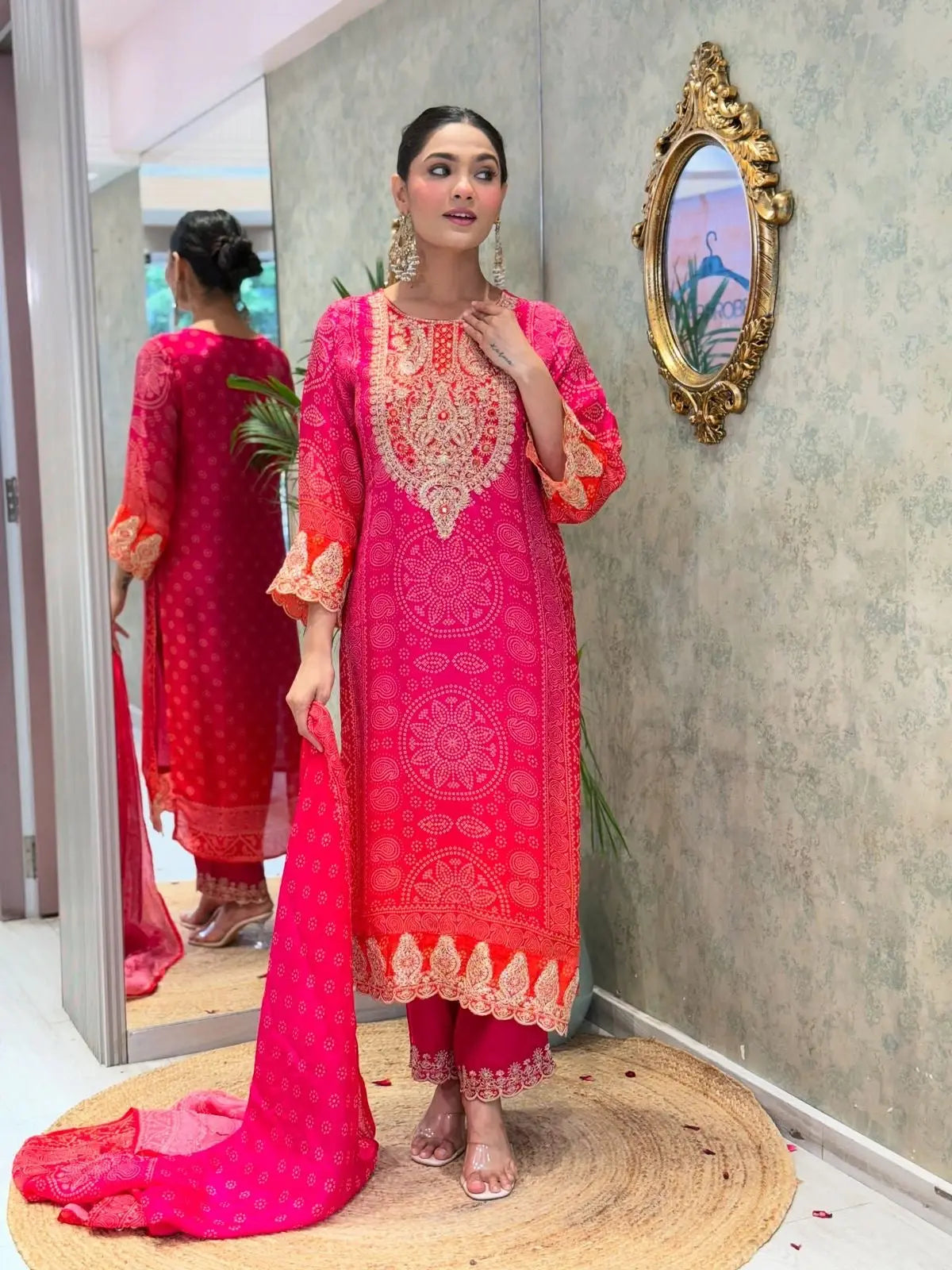 Natural Crepe Sequence Embroidery Mirror Work Designer Kurti Pant Dupatta Set (Ready to Wear)