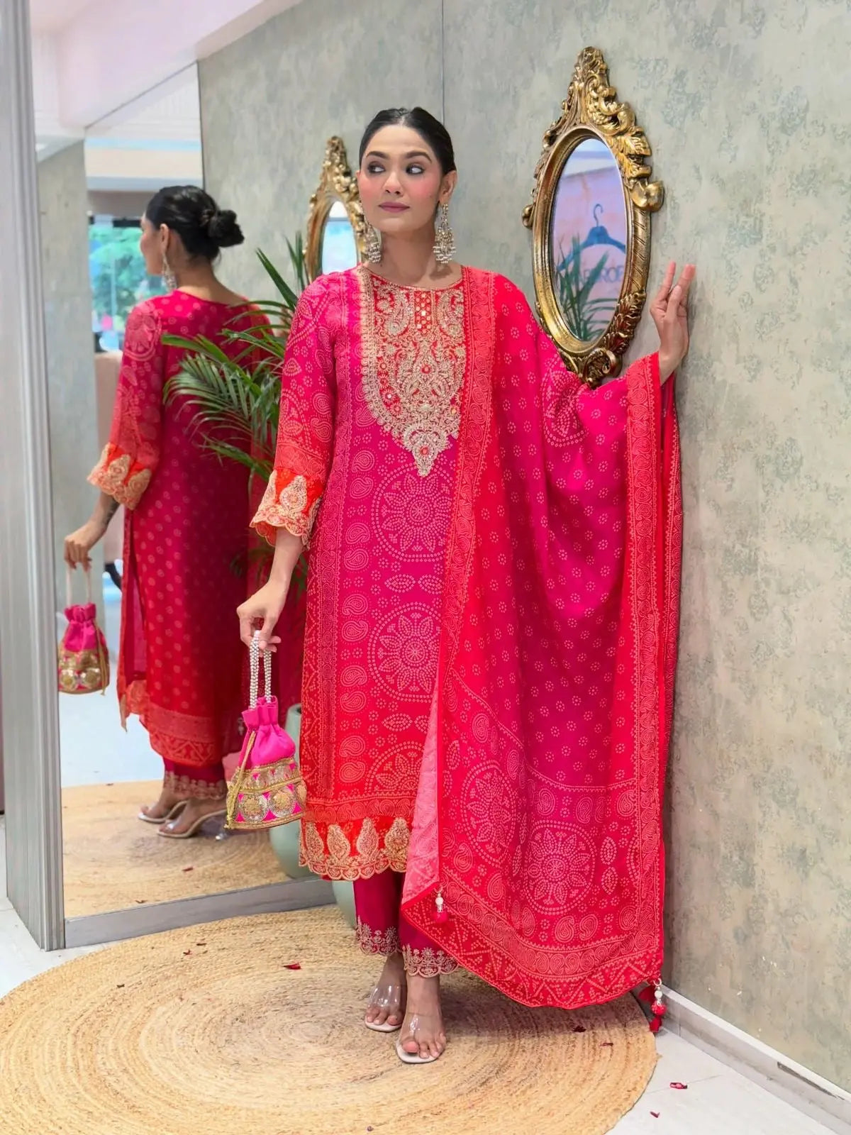 Natural Crepe Sequence Embroidery Mirror Work Designer Kurti Pant Dupatta Set (Ready to Wear)