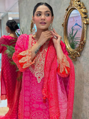 Natural Crepe Sequence Embroidery Mirror Work Designer Kurti Pant Dupatta Set (Ready to Wear)