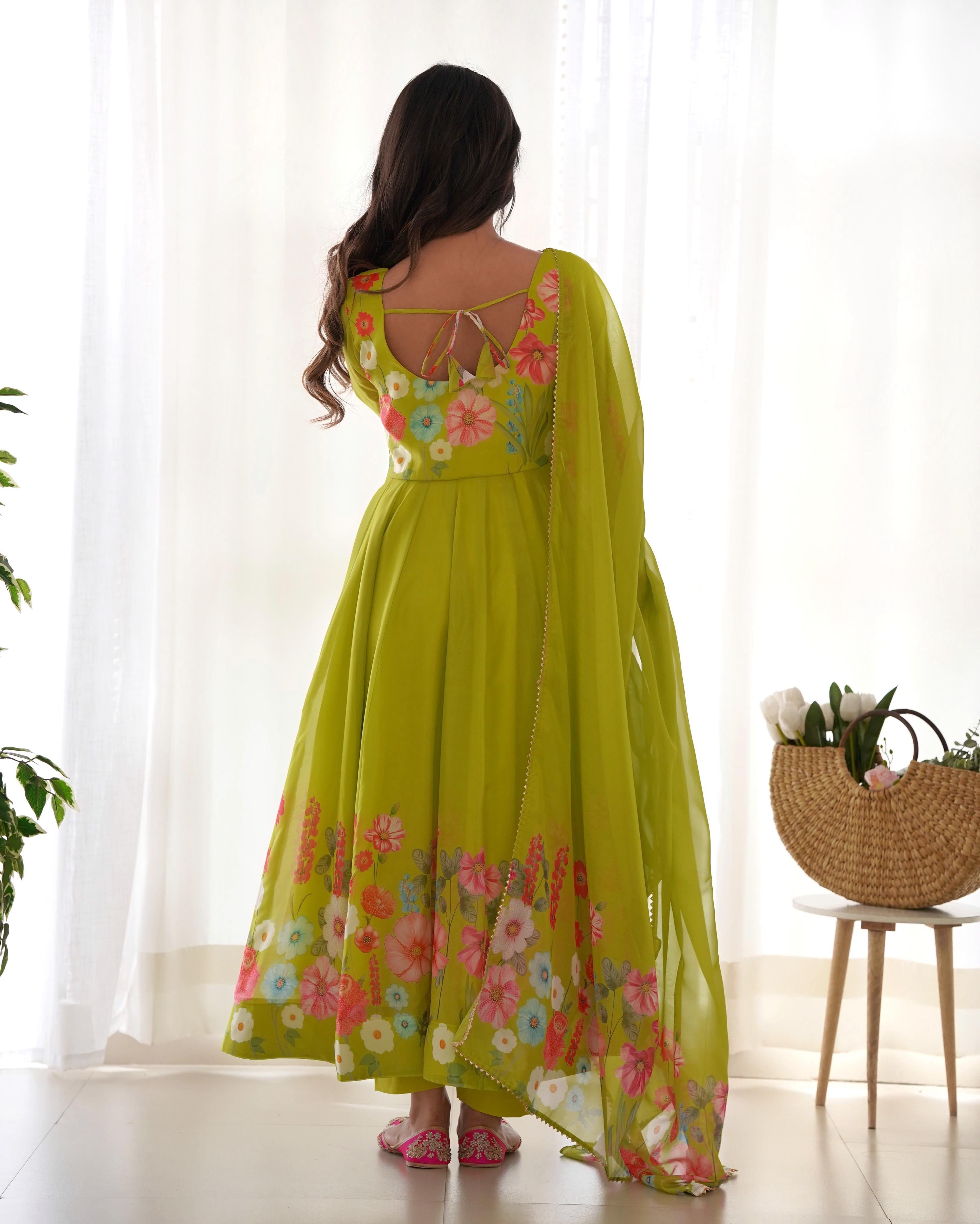 Organza Silk Hand Work Anarkali Kurti Dupatta Pant Set ( Ready to Wear)