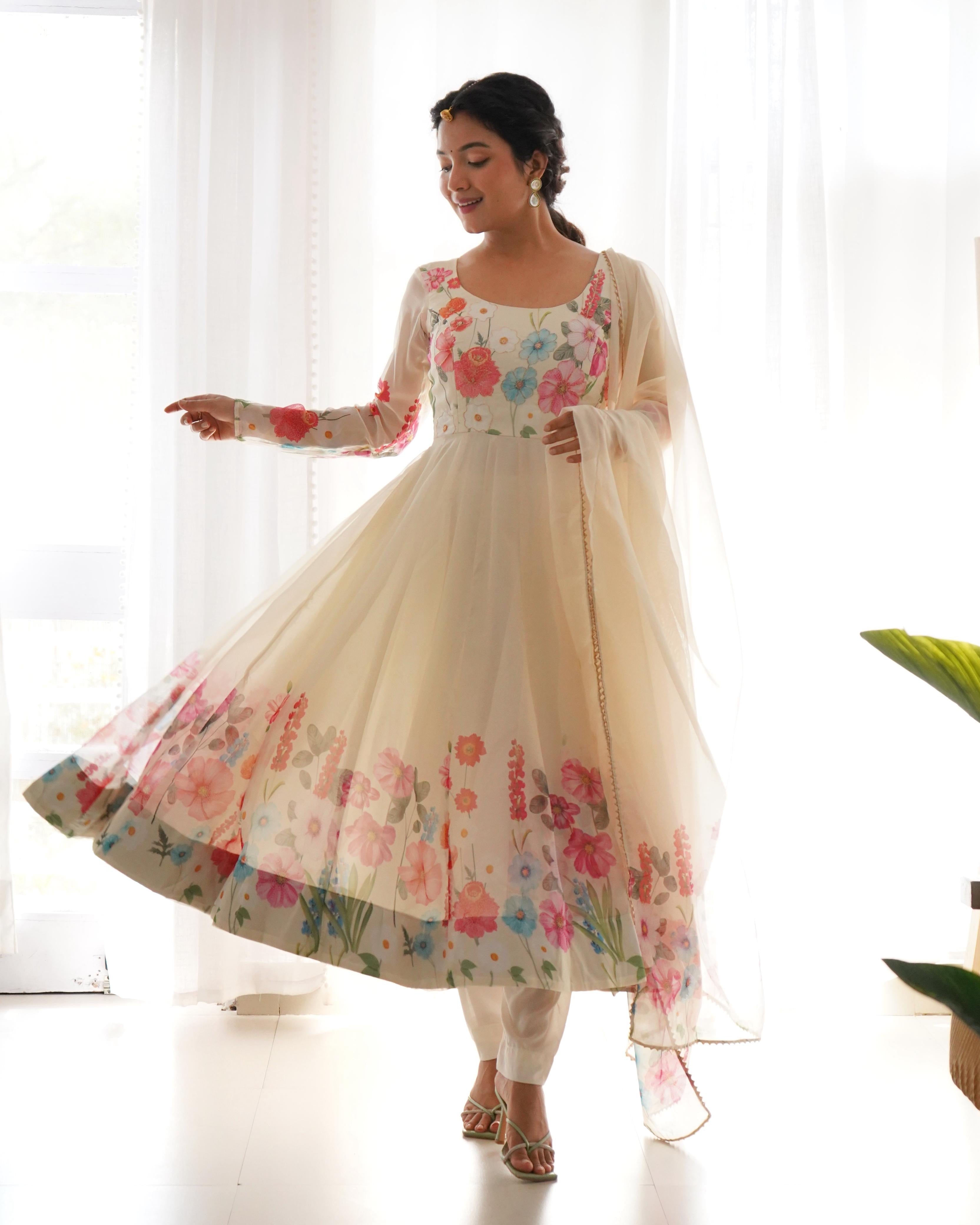 Organza Silk Hand Work Anarkali Kurti Dupatta Pant Set ( Ready to Wear)