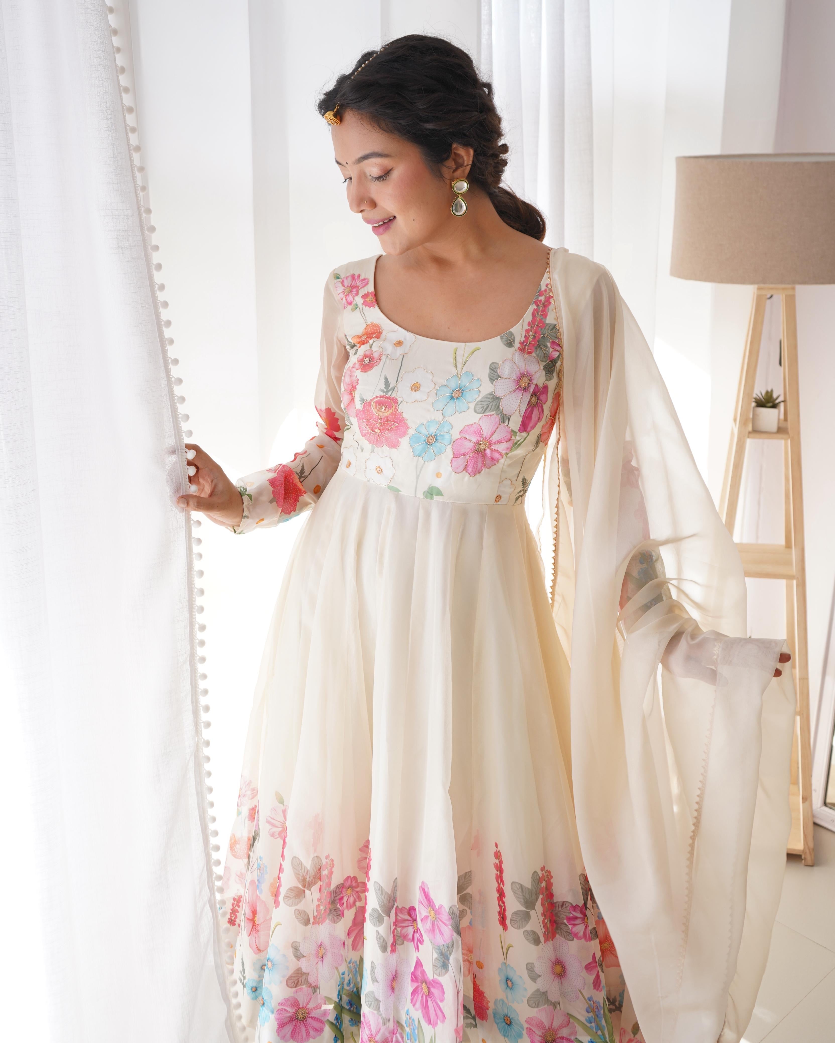 Organza Silk Hand Work Anarkali Kurti Dupatta Pant Set ( Ready to Wear)