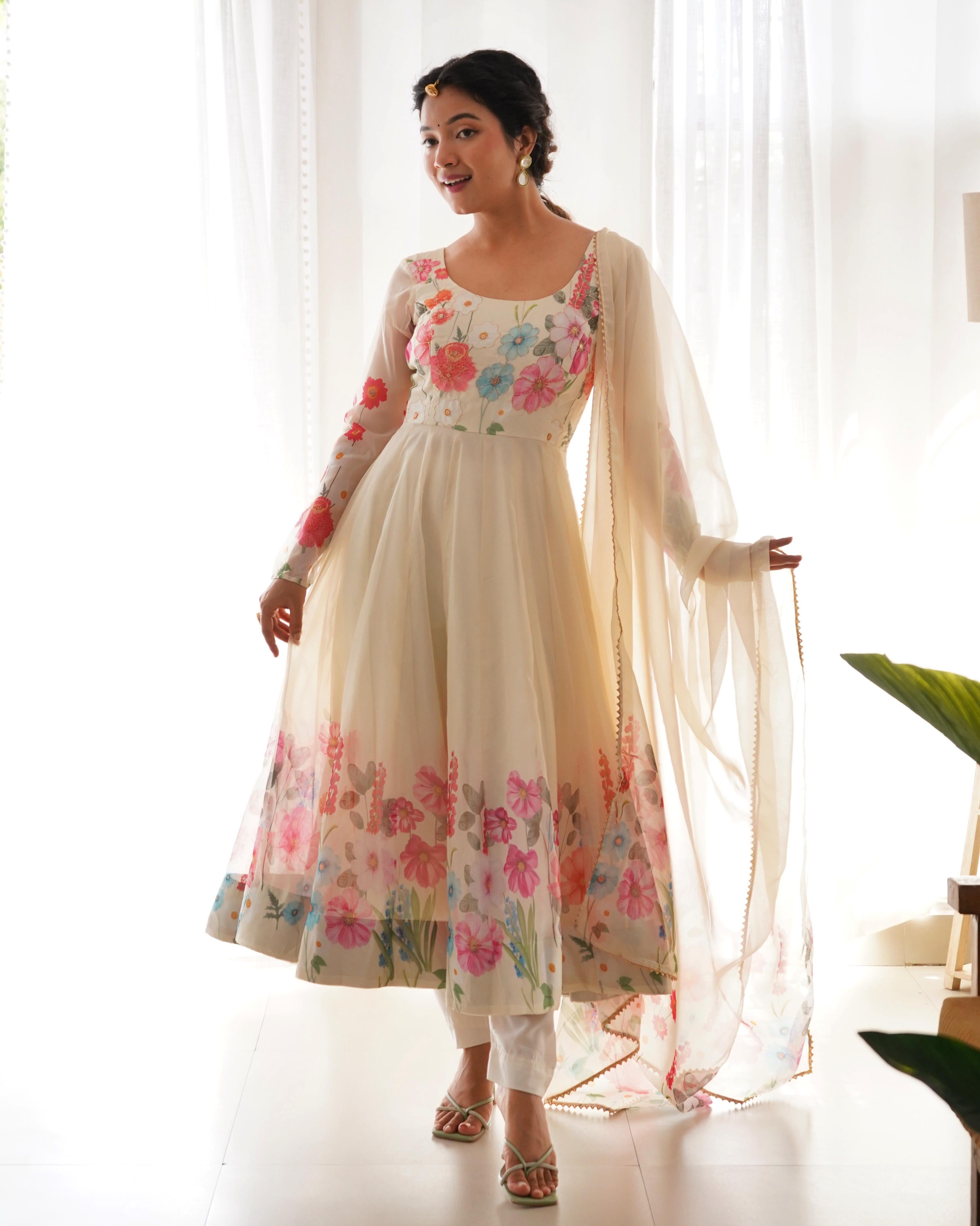 Organza Silk Hand Work Anarkali Kurti Dupatta Pant Set ( Ready to Wear)