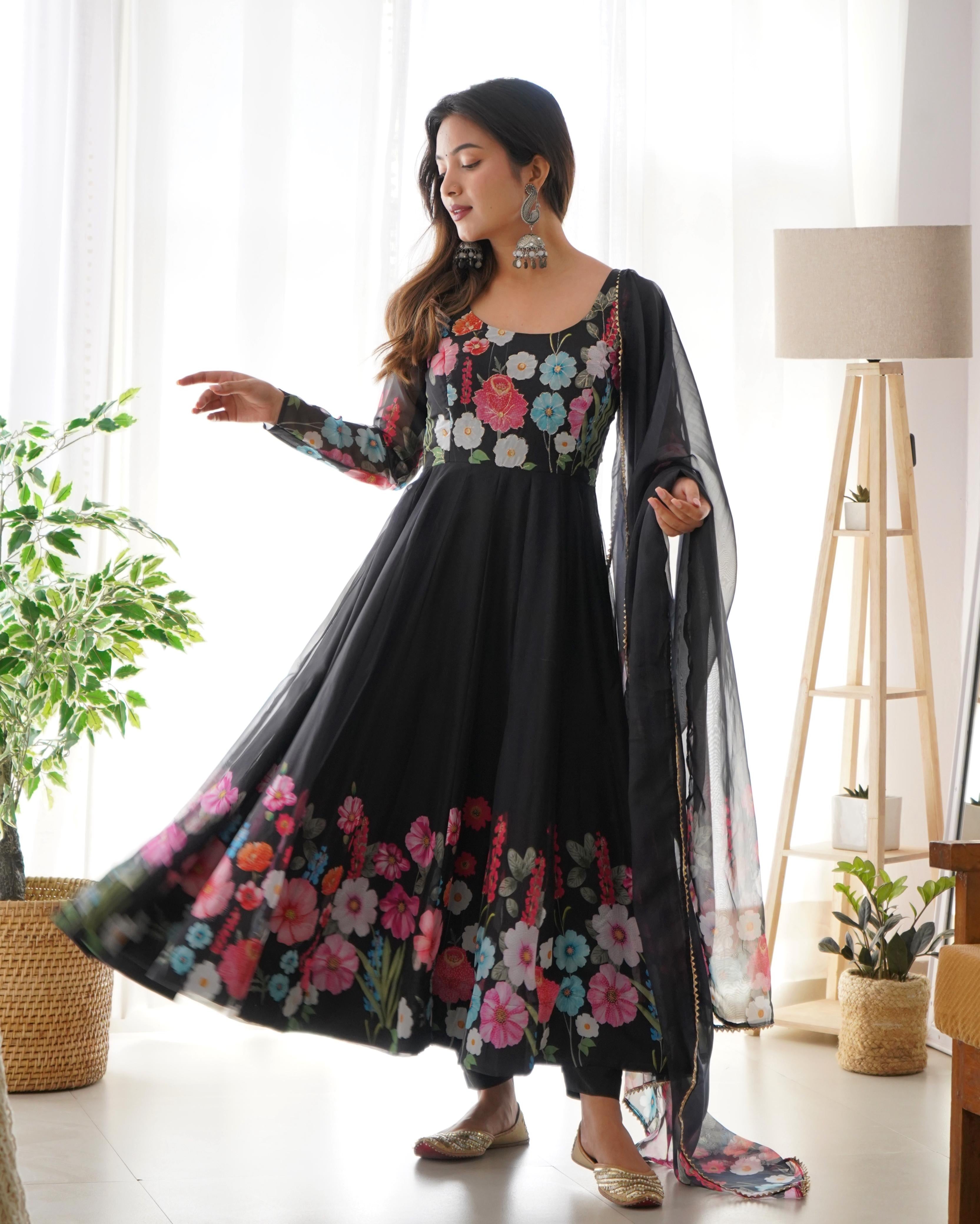 Organza Silk Hand Work Anarkali Kurti Dupatta Pant Set ( Ready to Wear)