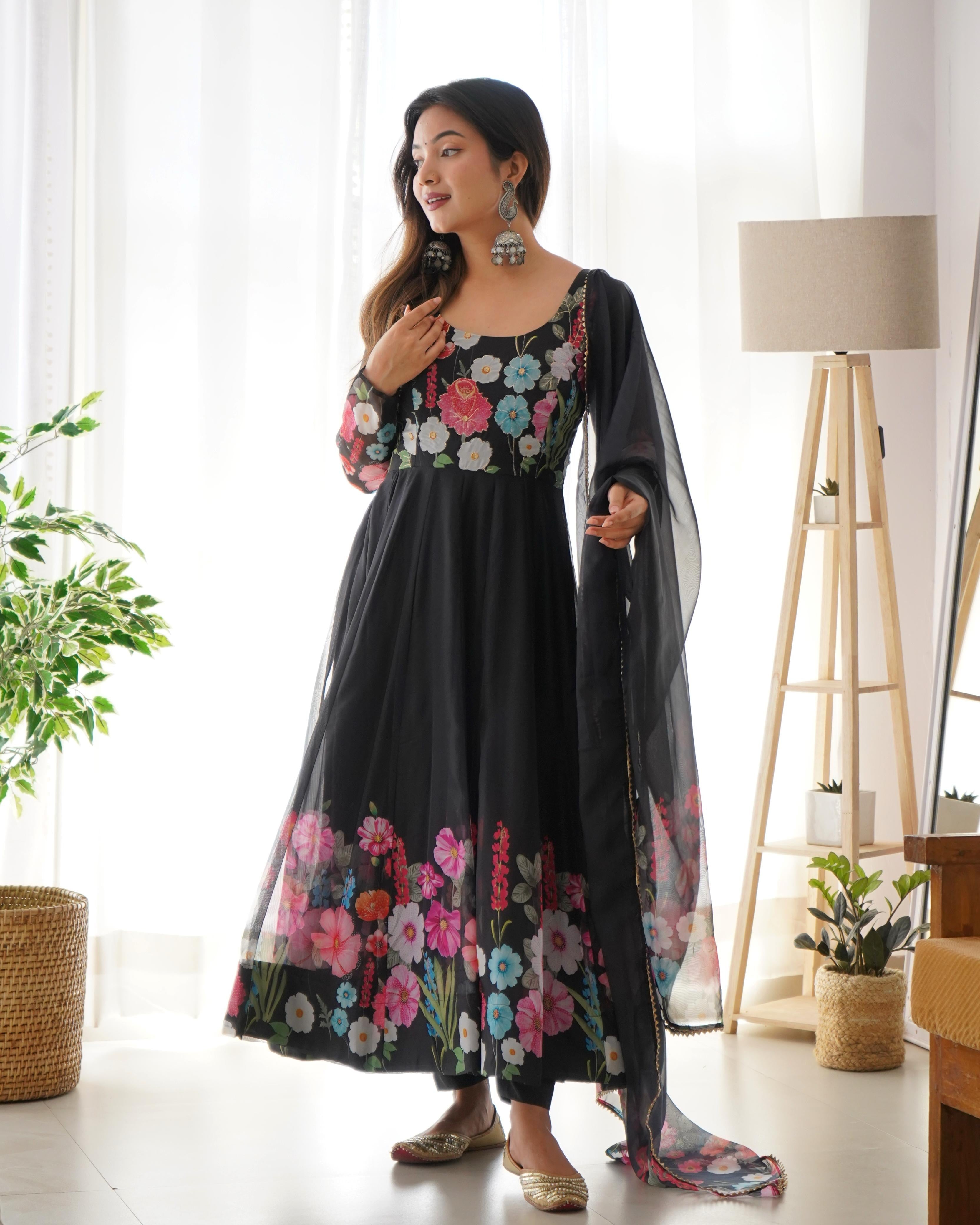 Organza Silk Hand Work Anarkali Kurti Dupatta Pant Set ( Ready to Wear)