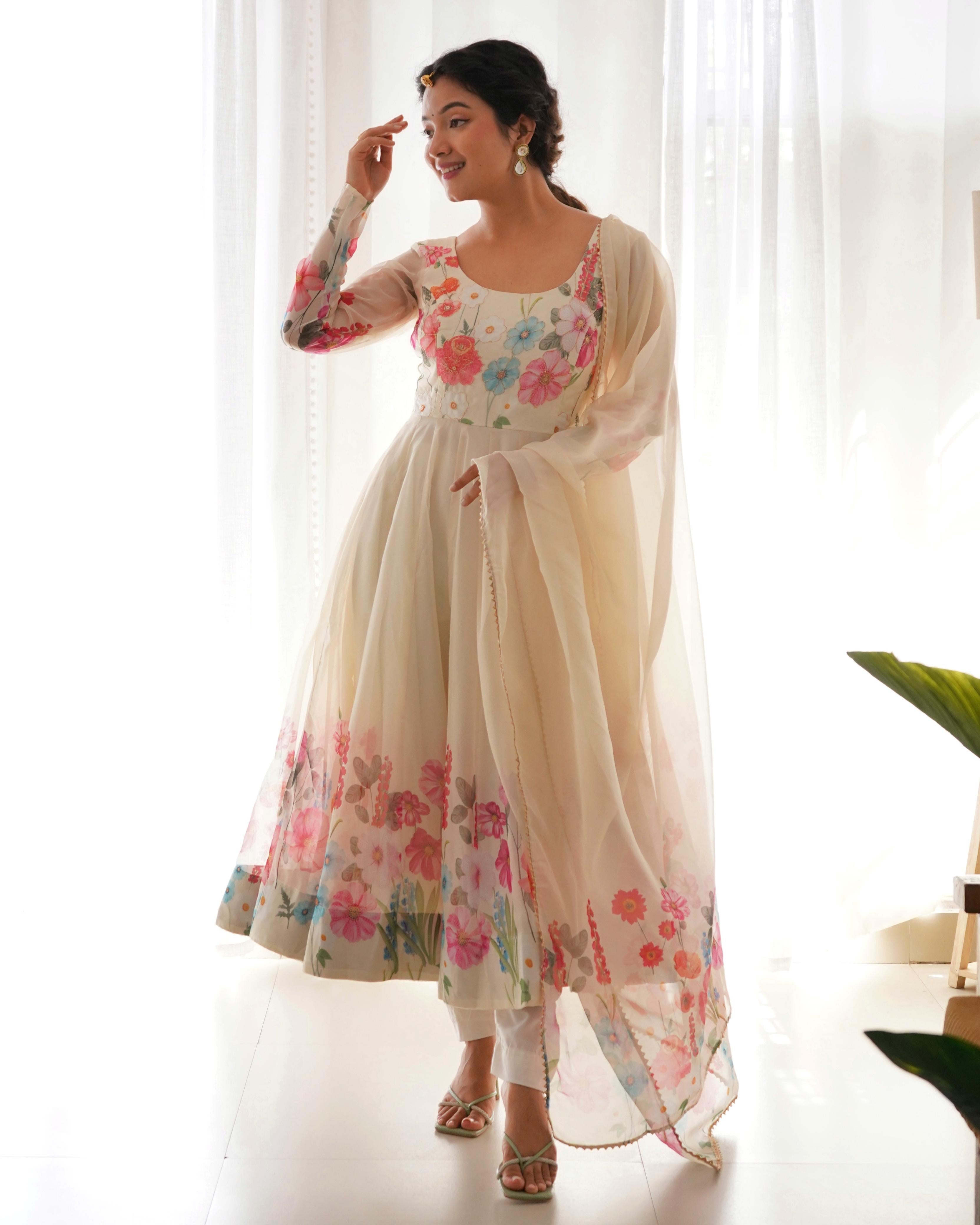 Organza Silk Hand Work Anarkali Kurti Dupatta Pant Set ( Ready to Wear)
