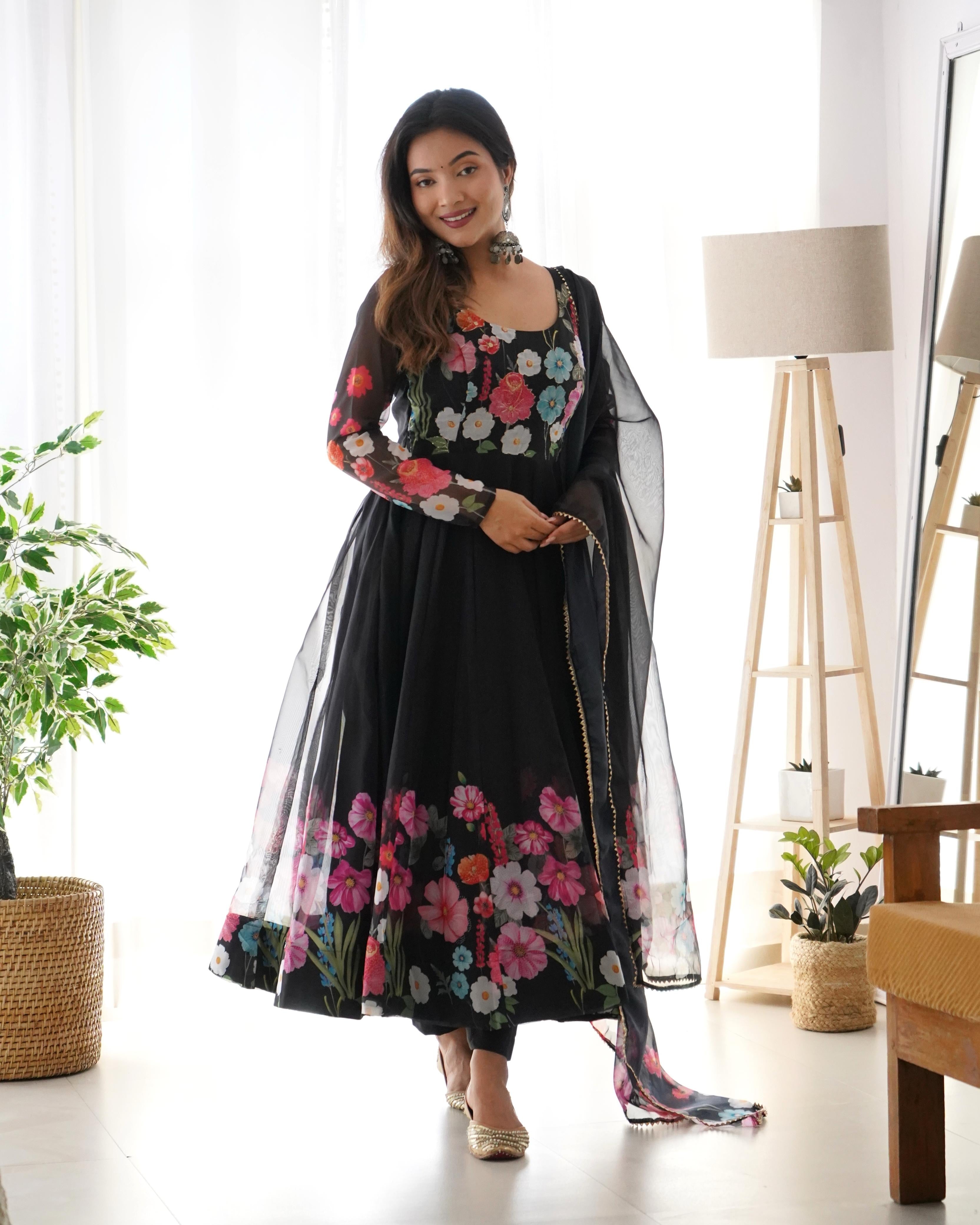 Organza Silk Hand Work Anarkali Kurti Dupatta Pant Set ( Ready to Wear)