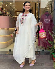 Premium Chanderi Neck Work Summer Special Kurti Pant Dupatta Set (Stitched)