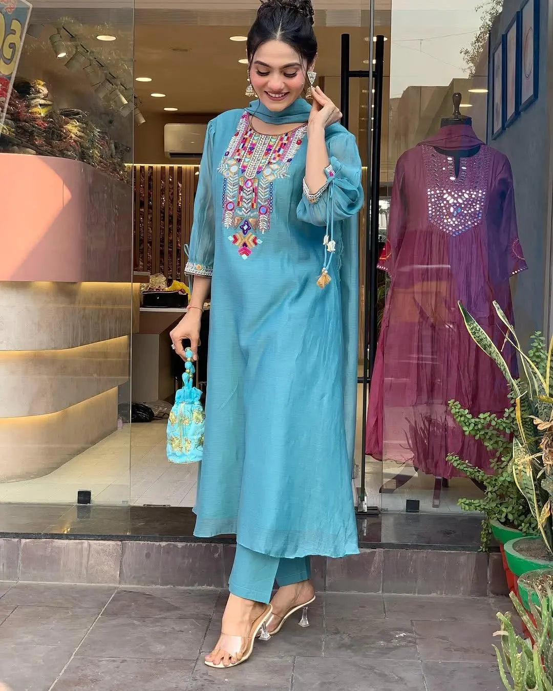 Premium Chanderi Neck Work Summer Special Kurti Pant Dupatta Set (Stitched)