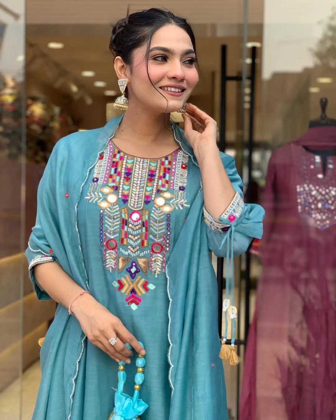 Premium Chanderi Neck Work Summer Special Kurti Pant Dupatta Set (Stitched)