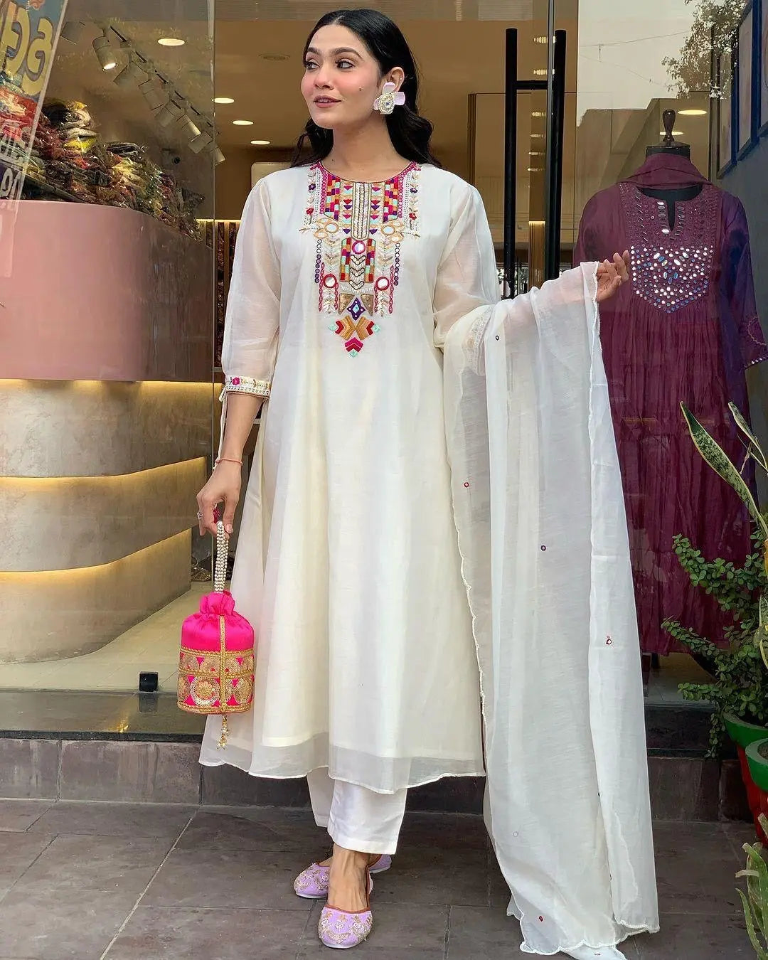 Premium Chanderi Neck Work Summer Special Kurti Pant Dupatta Set (Stitched)