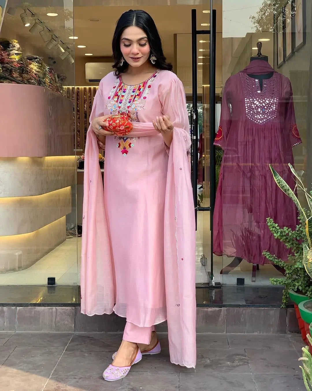 Premium Chanderi Neck Work Summer Special Kurti Pant Dupatta Set (Stitched)