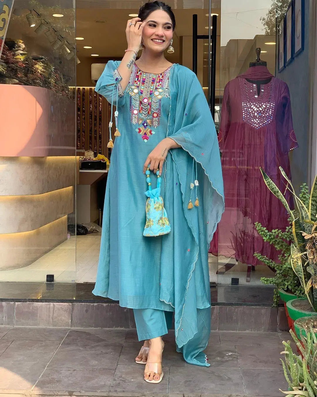 Premium Chanderi Neck Work Summer Special Kurti Pant Dupatta Set (Stitched)