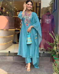 Premium Chanderi Neck Work Summer Special Kurti Pant Dupatta Set (Stitched)