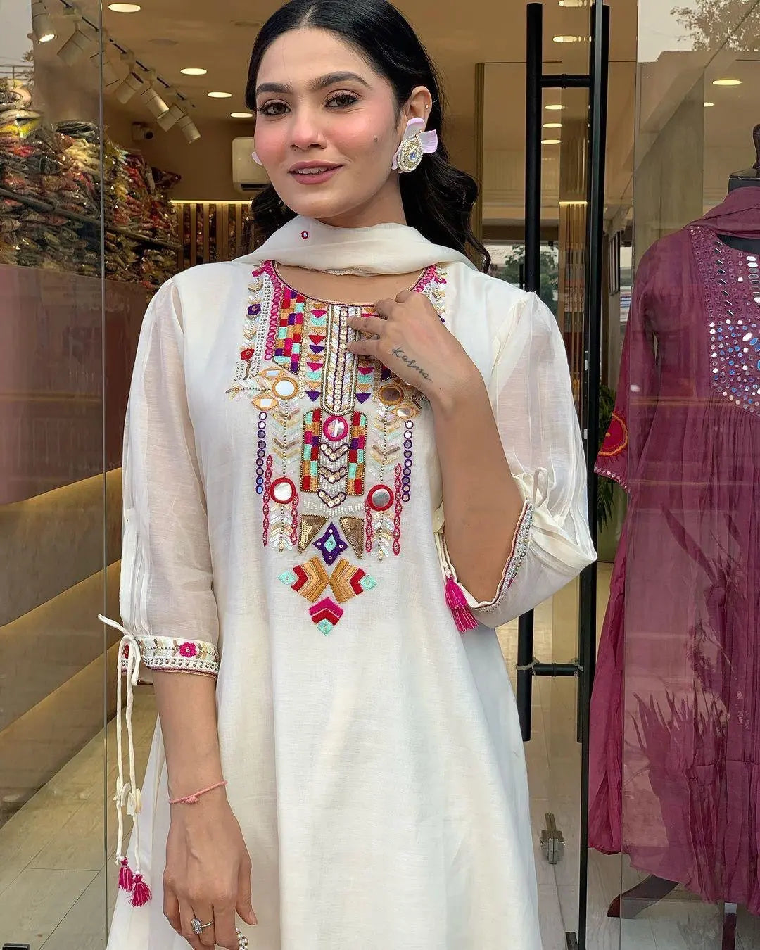 Premium Chanderi Neck Work Summer Special Kurti Pant Dupatta Set (Stitched)