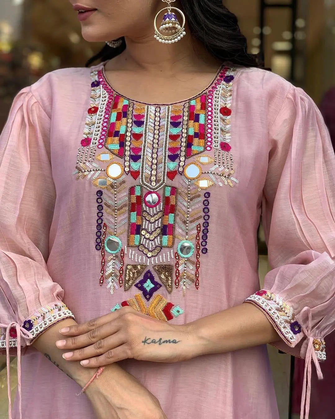 Premium Chanderi Neck Work Summer Special Kurti Pant Dupatta Set (Stitched)