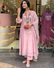 Premium Chanderi Neck Work Summer Special Kurti Pant Dupatta Set (Stitched)