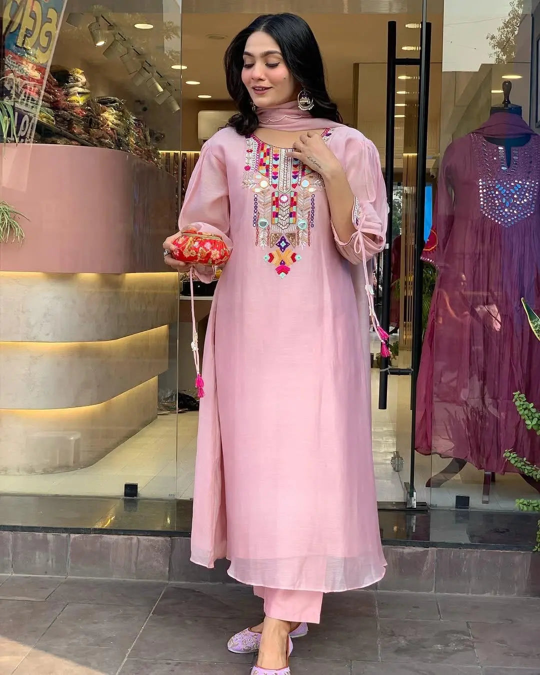 Premium Chanderi Neck Work Summer Special Kurti Pant Dupatta Set (Stitched)