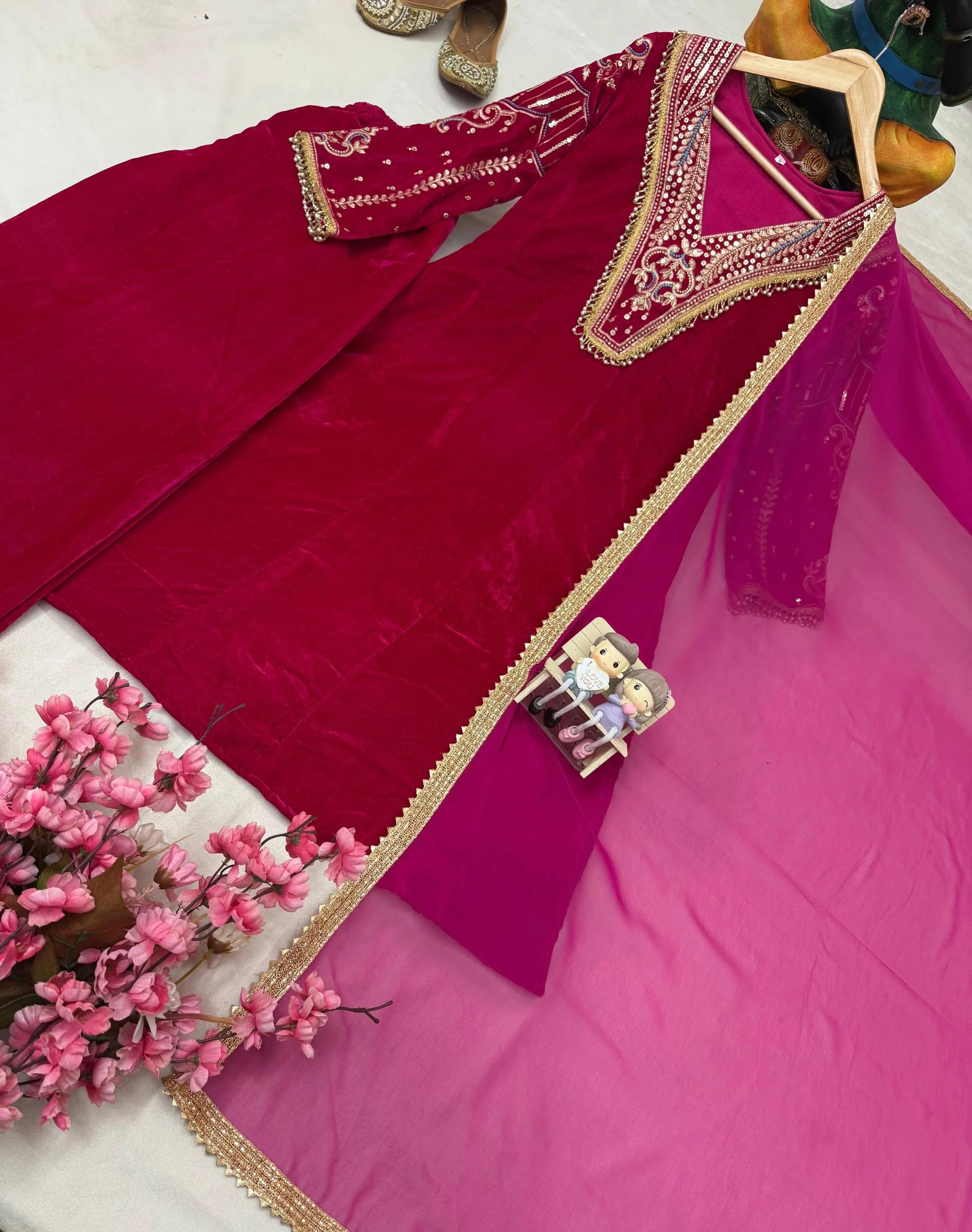 Premium Multi Color Embroidery Work Designer Velvet Kurti Pant Dupatta Set (Ready to Wear)
