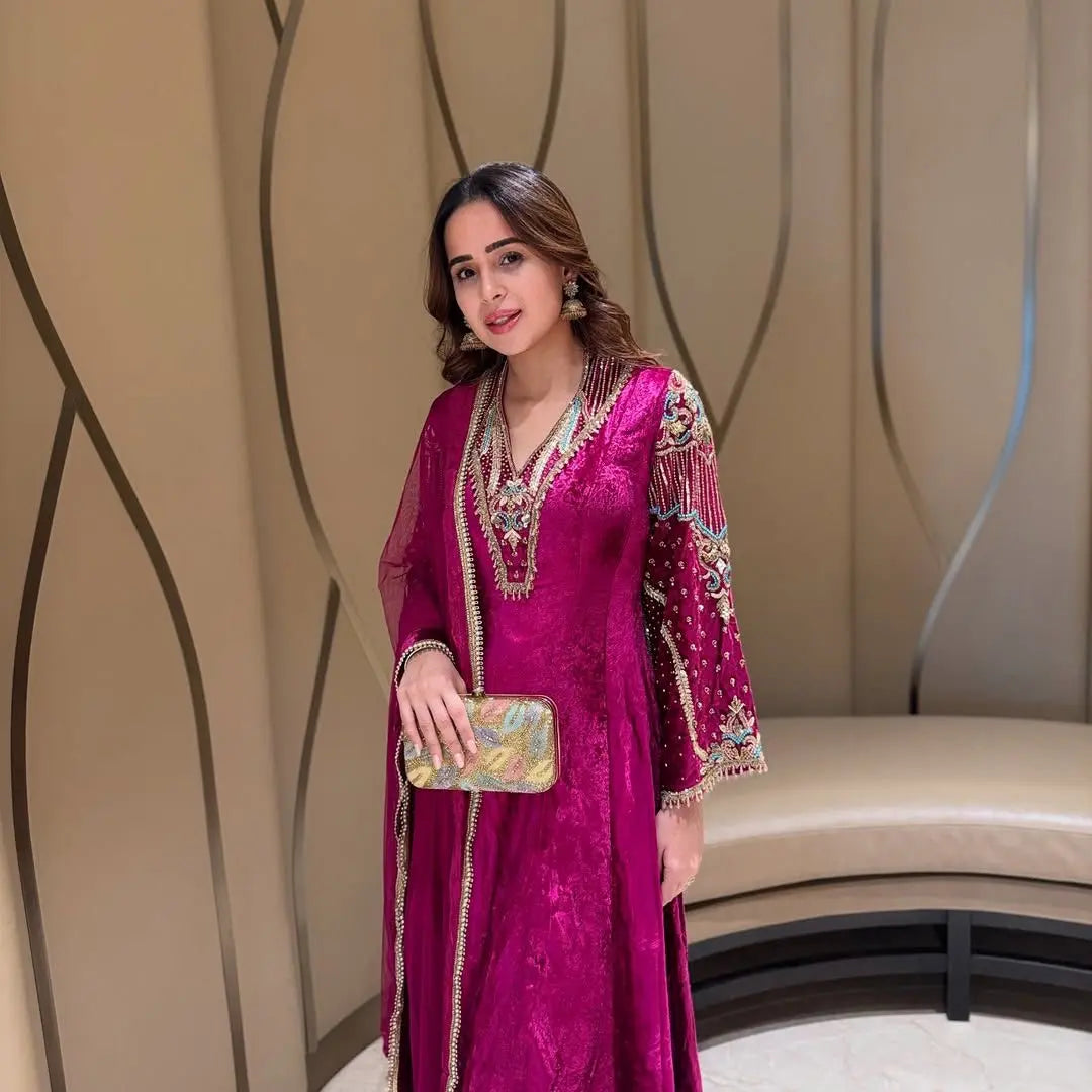 Premium Multi Color Embroidery Work Designer Velvet Kurti Pant Dupatta Set (Ready to Wear)
