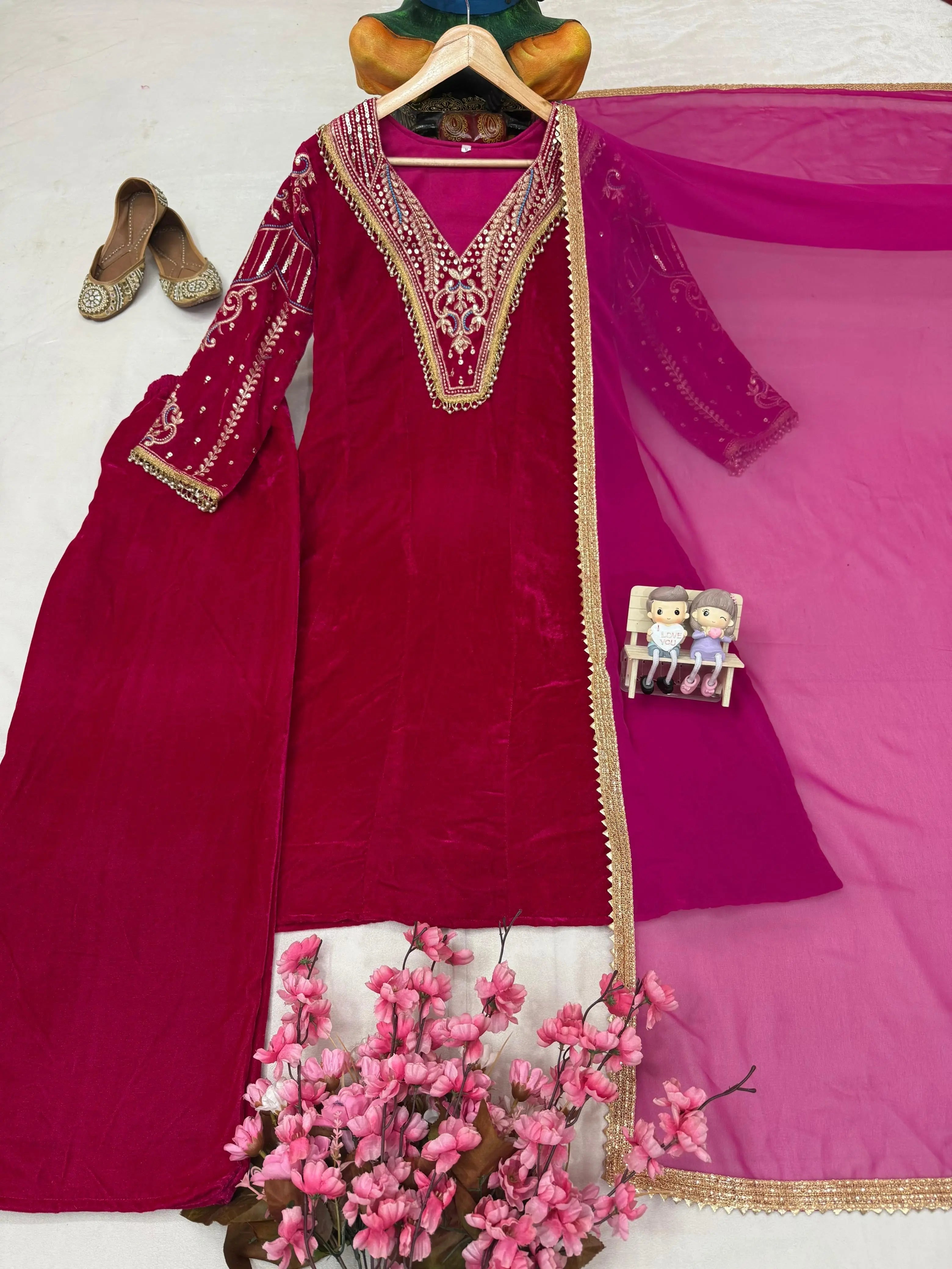 Premium Multi Color Embroidery Work Designer Velvet Kurti Pant Dupatta Set (Ready to Wear)