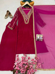 Premium Multi Color Embroidery Work Designer Velvet Kurti Pant Dupatta Set (Ready to Wear)