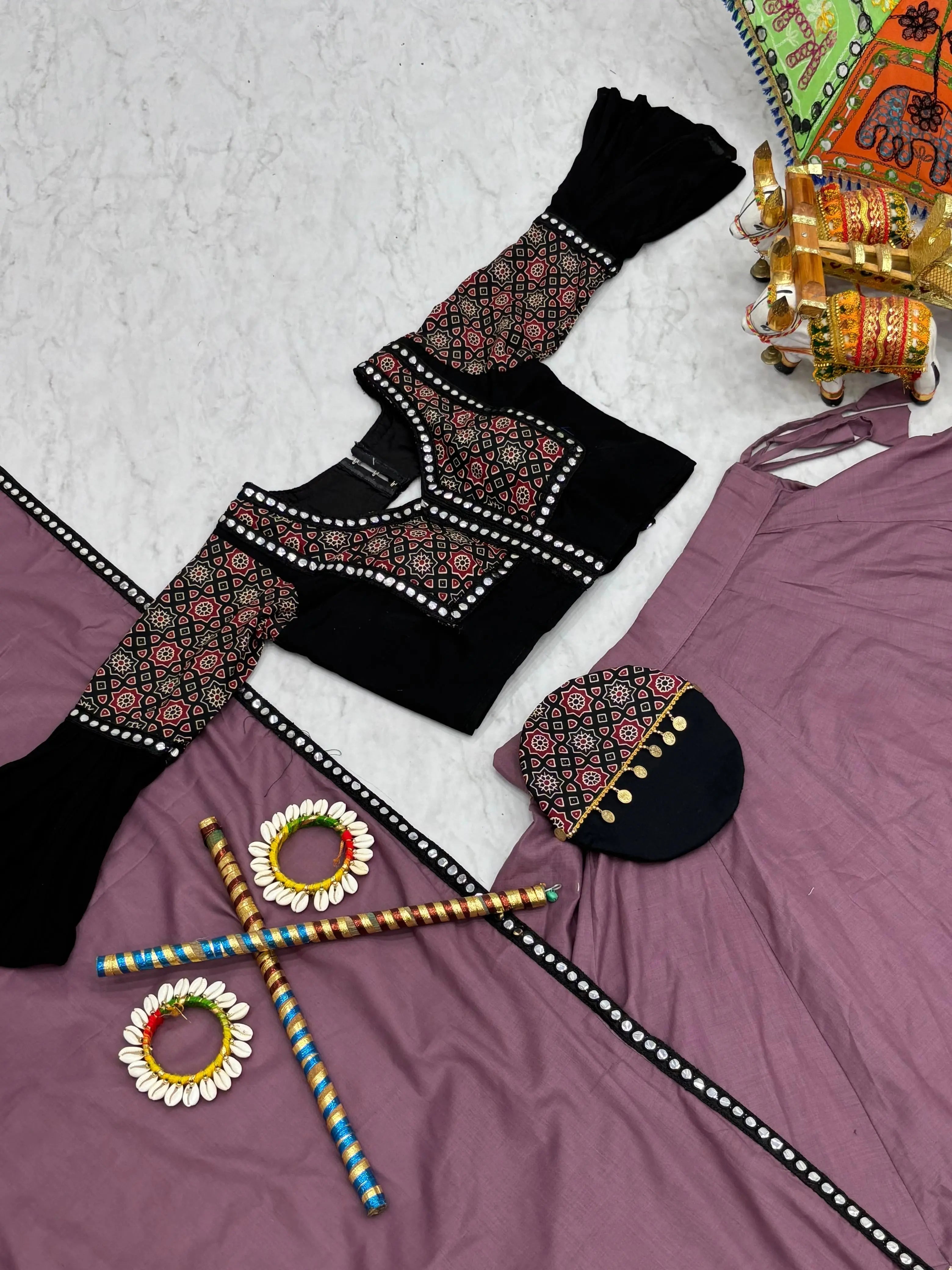 Pure Cotton Ajrakh Print with Mirror work Navratri Special Chaniya Choli (Ready to Wear)