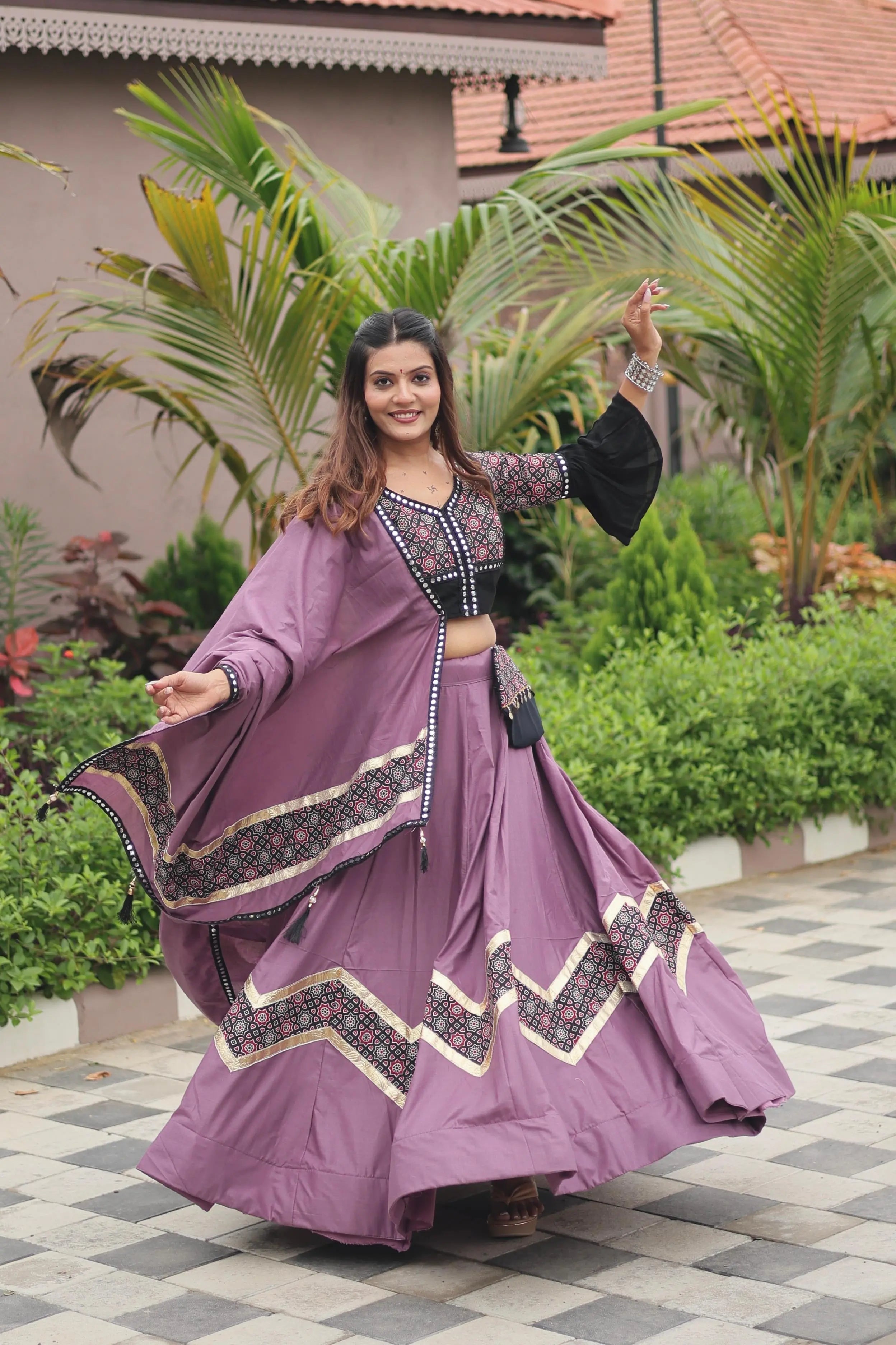Pure Cotton Ajrakh Print with Mirror work Navratri Special Chaniya Choli (Ready to Wear)