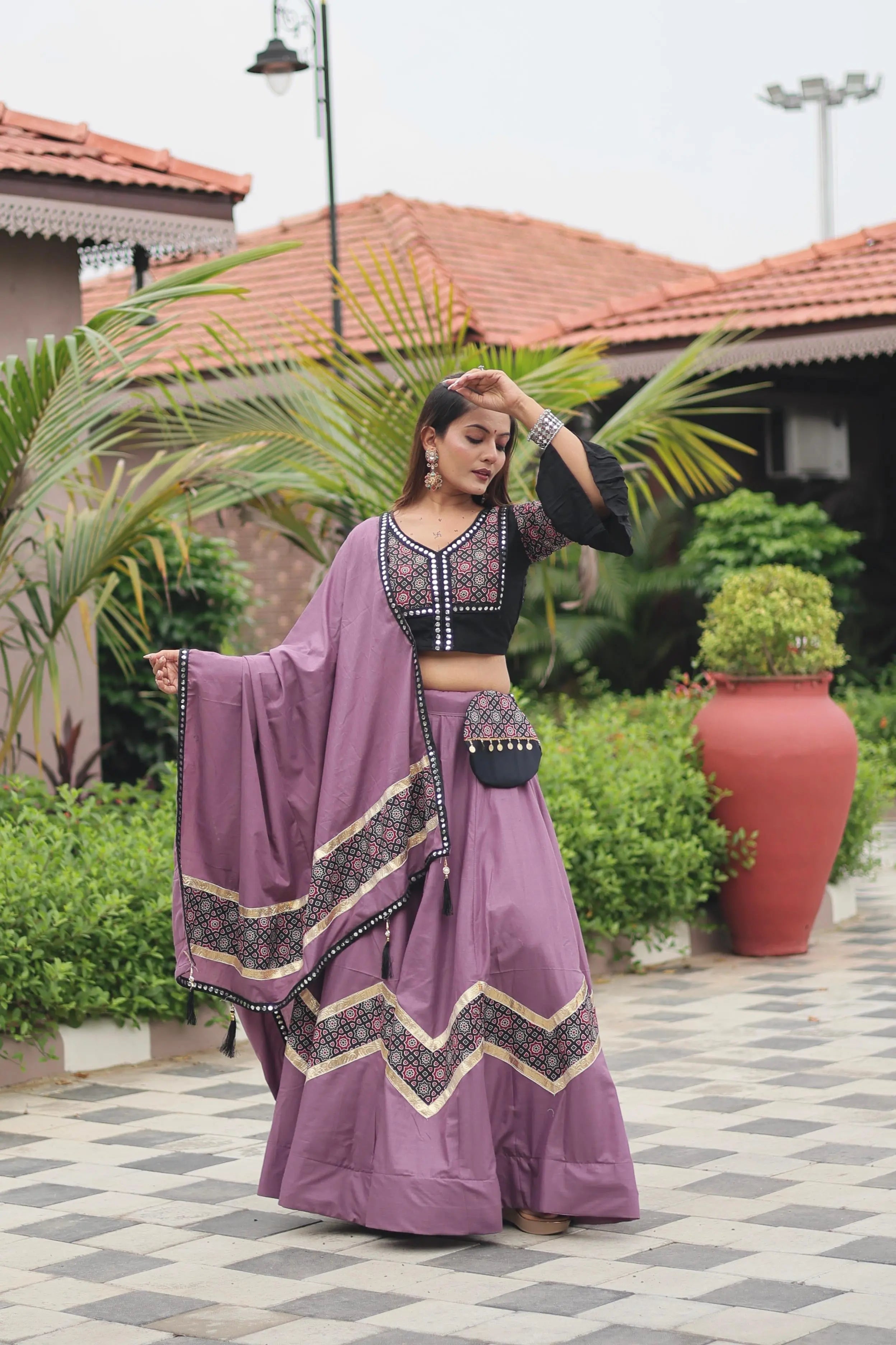 Pure Cotton Ajrakh Print with Mirror work Navratri Special Chaniya Choli (Ready to Wear)