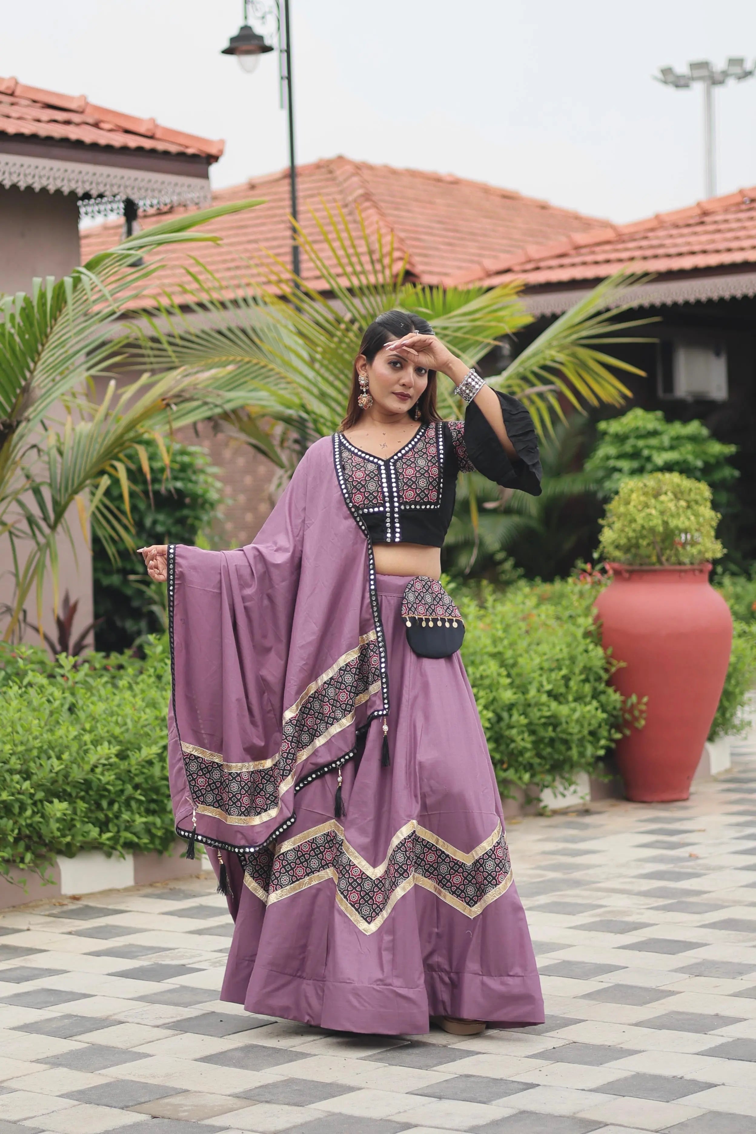 Pure Cotton Ajrakh Print with Mirror work Navratri Special Chaniya Choli (Ready to Wear)