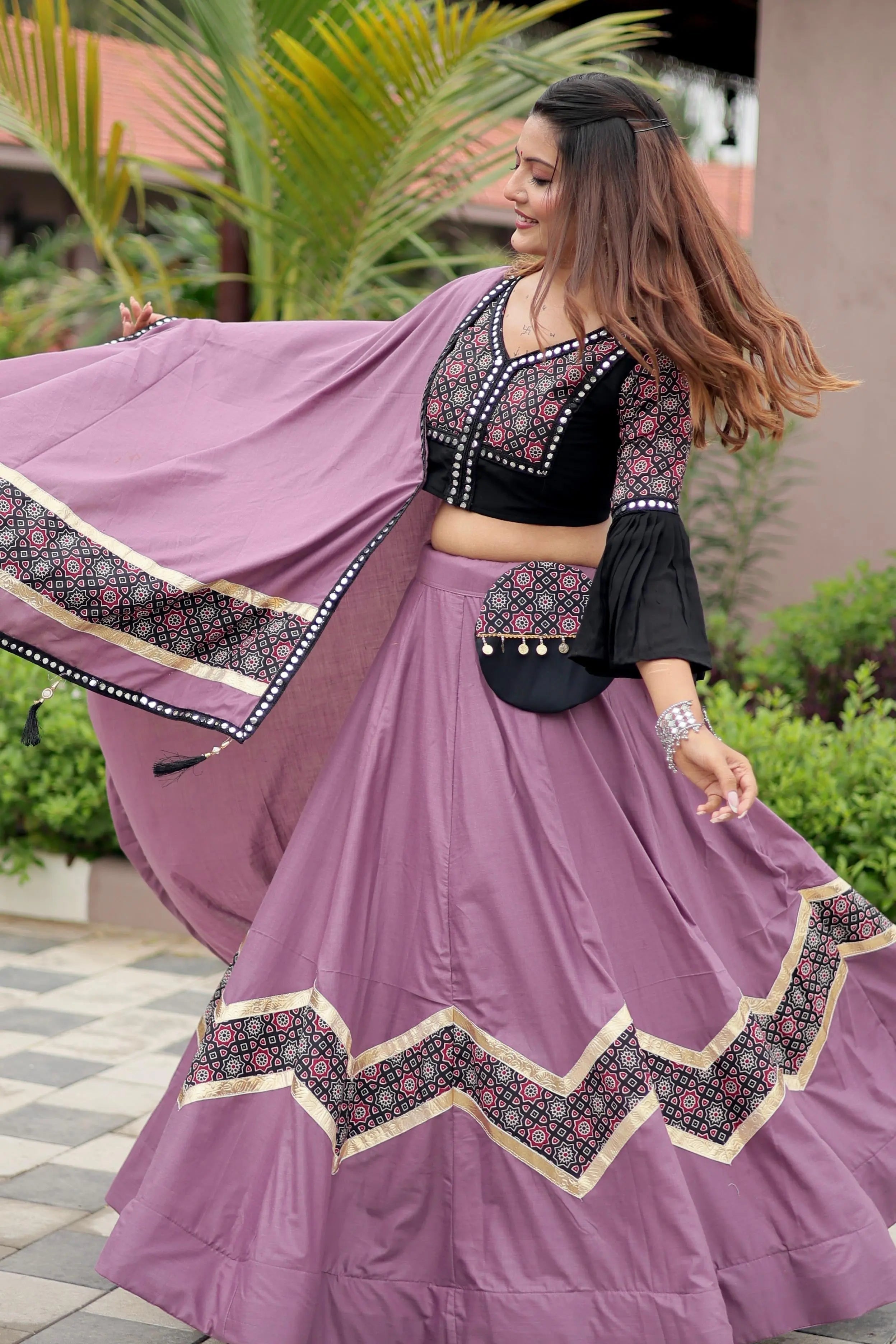 Pure Cotton Ajrakh Print with Mirror work Navratri Special Chaniya Choli (Ready to Wear)