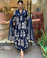 Pure Cotton Sanganeri Print Work Summer Wear Anarkali Flair Kurti Pant Dupatta Set ( Ready to Wear)