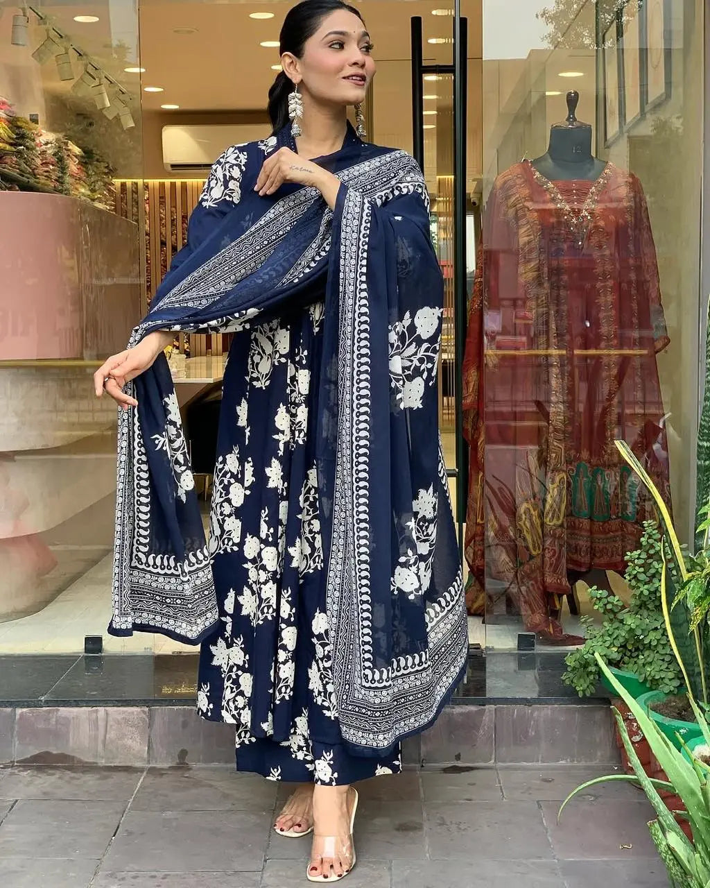 Pure Cotton Sanganeri Print Work Summer Wear Anarkali Flair Kurti Pant Dupatta Set ( Ready to Wear)