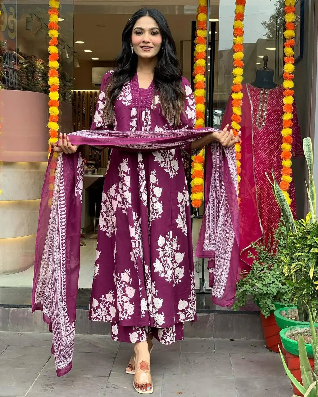 Pure Cotton Sanganeri Print Work Summer Wear Anarkali Flair Kurti Pant Dupatta Set ( Ready to Wear)