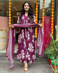 Pure Cotton Sanganeri Print Work Summer Wear Anarkali Flair Kurti Pant Dupatta Set ( Ready to Wear)