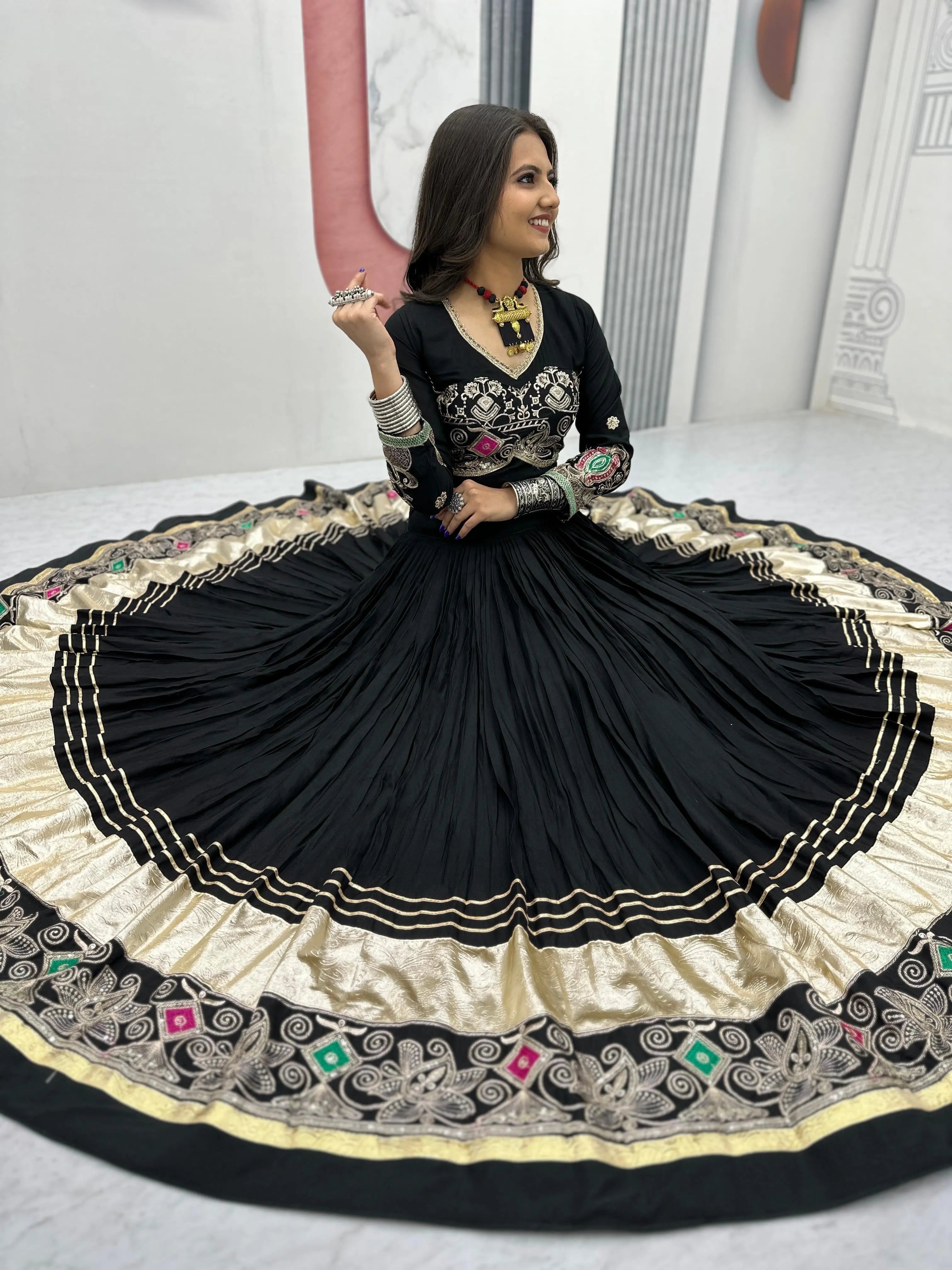 Pure Cotton Thread Embroidery Work 6M Flair work Navratri Special Designer Chaniya Choli (Ready To Wear)
