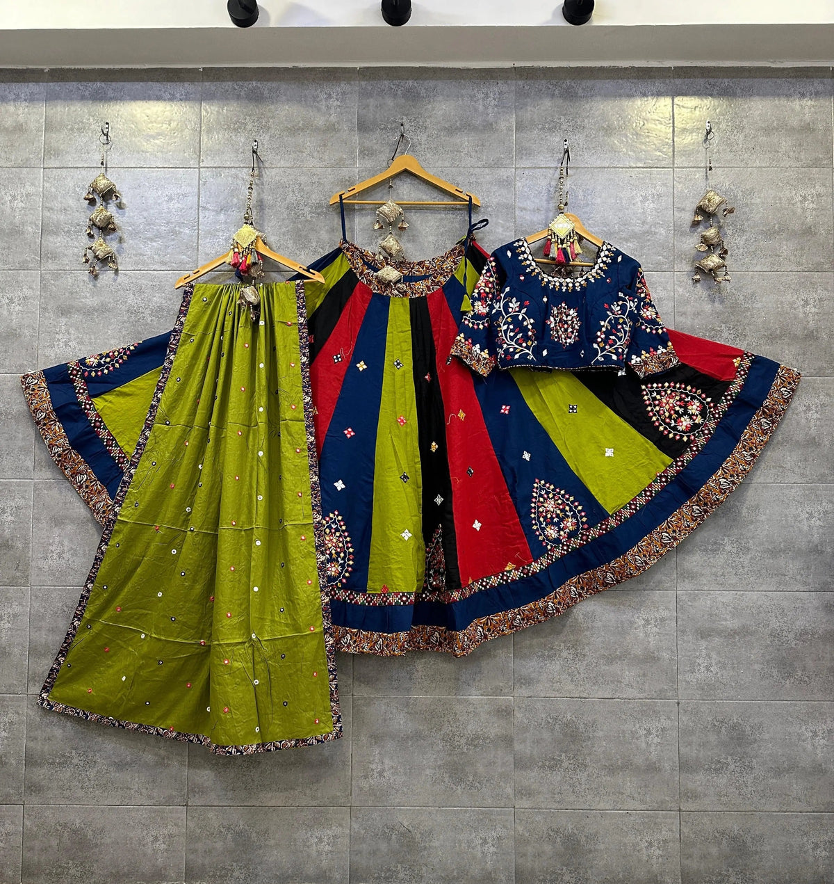 Pure Jaam Cotton Real Mirror Work Navratri Special 8M Flair Designer Chaniya Choli (Ready To Wear)