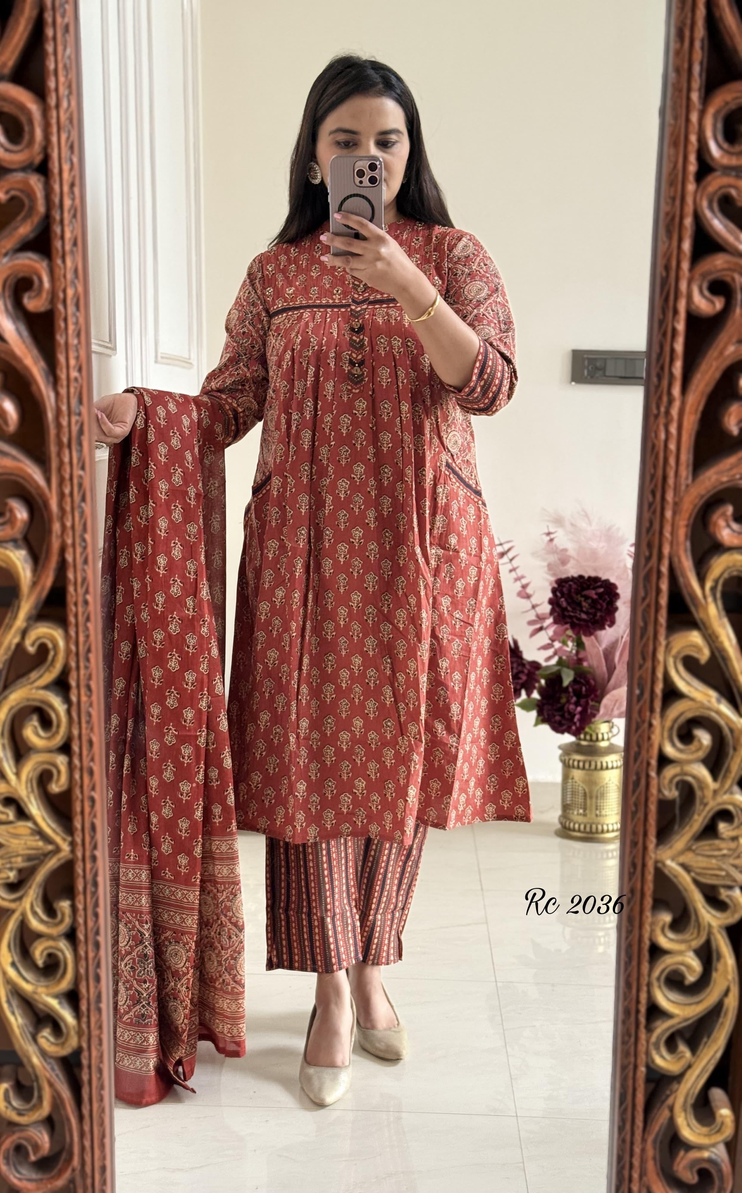 Pure Soft Cotton Summer Special Block Print work Kurti Pant Dupatta Set (Ready to Wear)