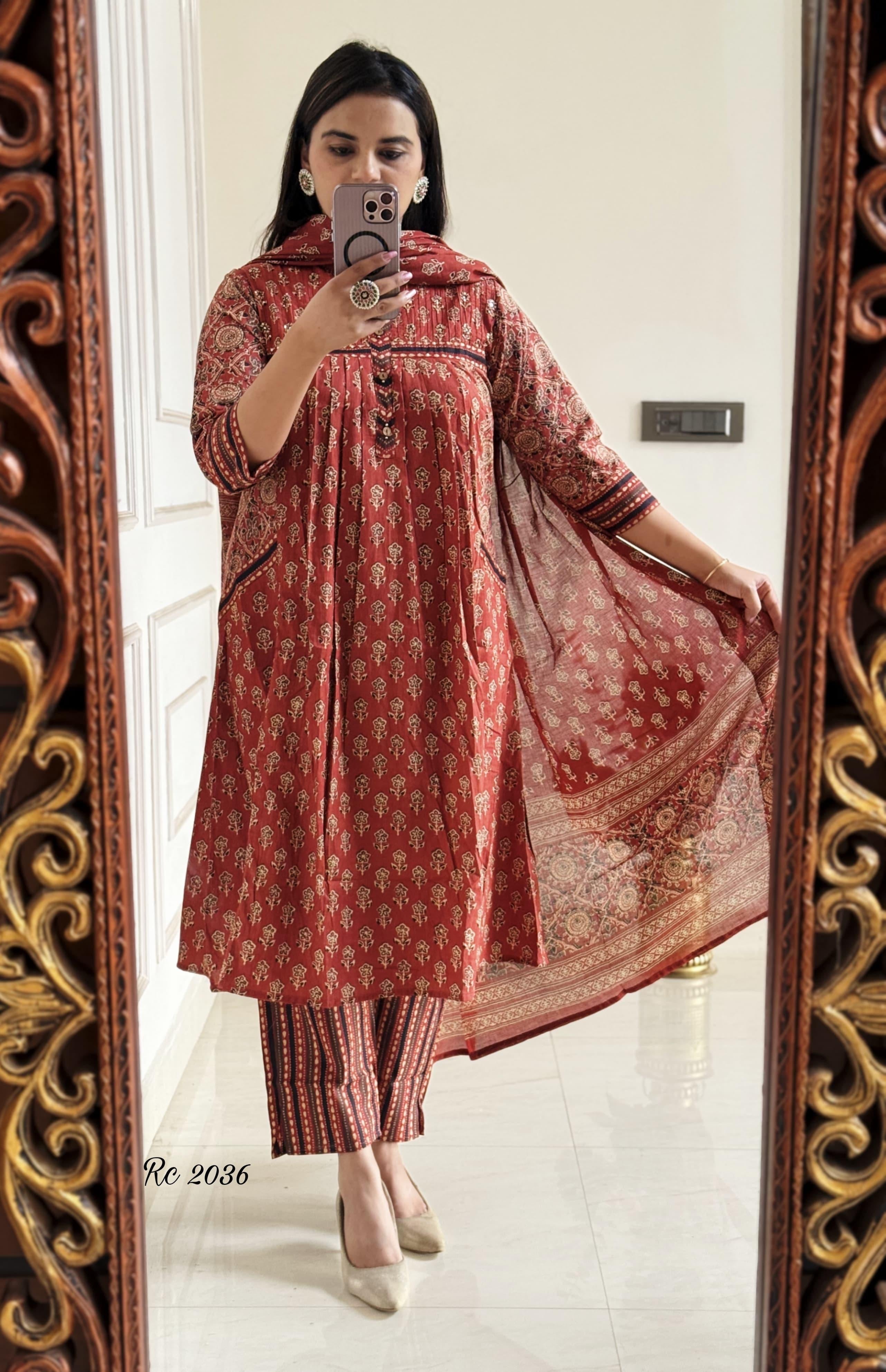 Pure Soft Cotton Summer Special Block Print work Kurti Pant Dupatta Set (Ready to Wear)