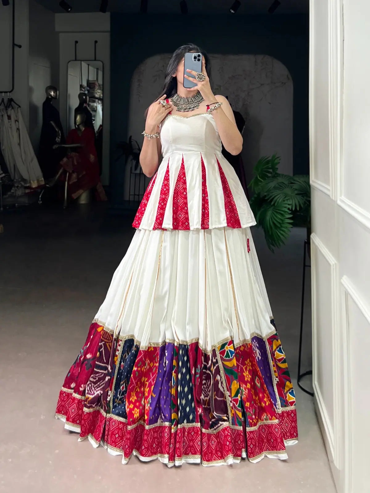 Rayon Patch Lace Work with Bandhani Print White Concept Navratri Garba Special Lehenga Choli (Ready to Wear)
