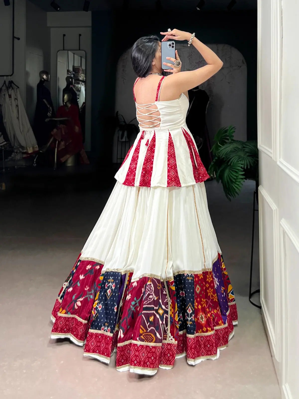 Rayon Patch Lace Work with Bandhani Print White Concept Navratri Garba Special Lehenga Choli (Ready to Wear)