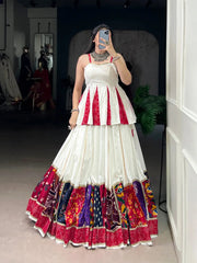 Rayon Patch Lace Work with Bandhani Print White Concept Navratri Garba Special Lehenga Choli (Ready to Wear)