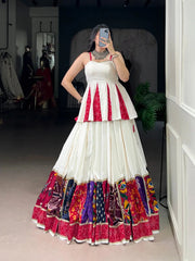Rayon Patch Lace Work with Bandhani Print White Concept Navratri Garba Special Lehenga Choli (Ready to Wear)