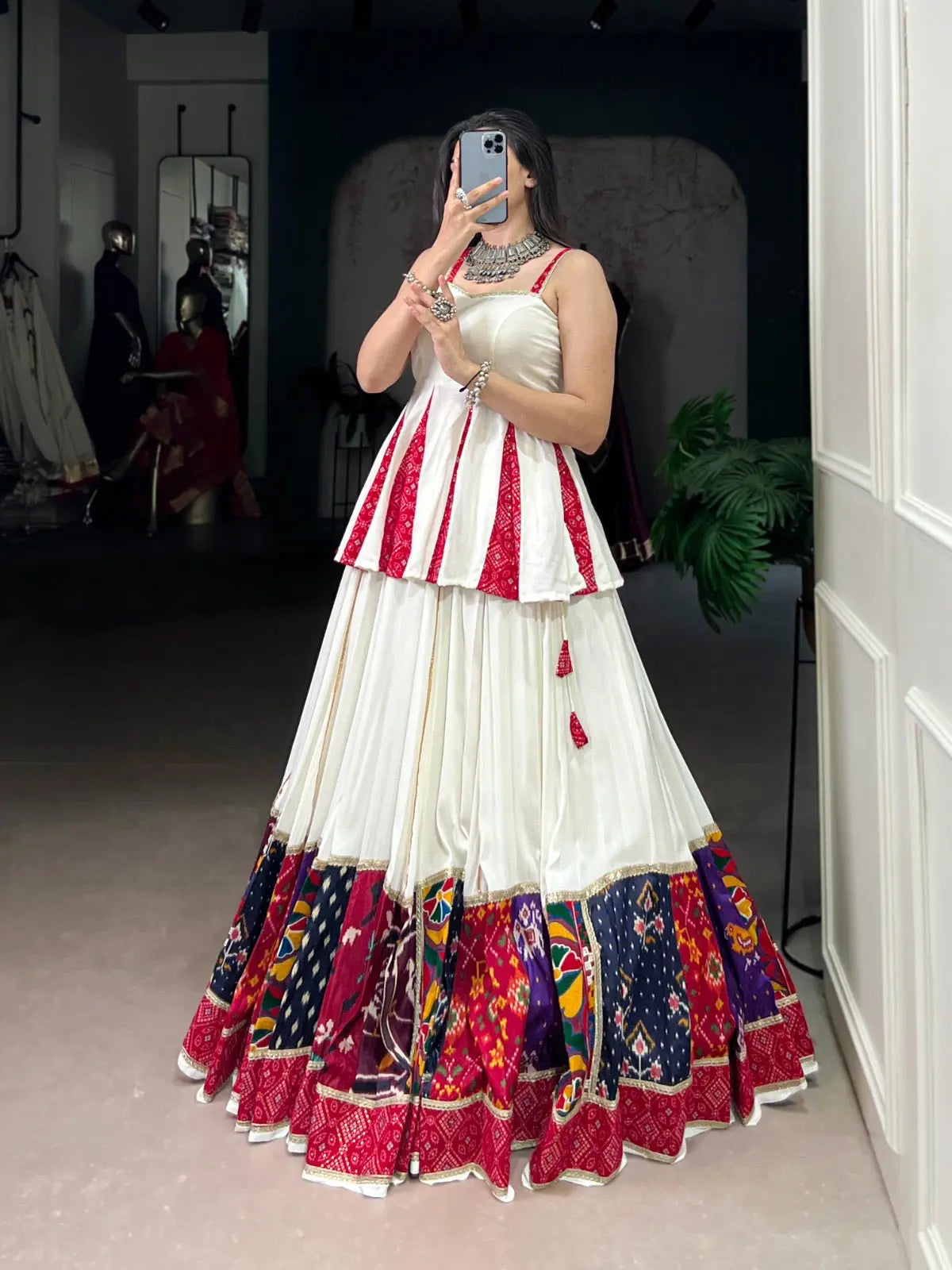 Rayon Patch Lace Work with Bandhani Print White Concept Navratri Garba Special Lehenga Choli (Ready to Wear)